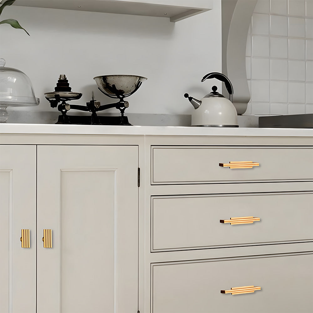 Art Deco Stepped Brass Cupboard Handles & Knobs
