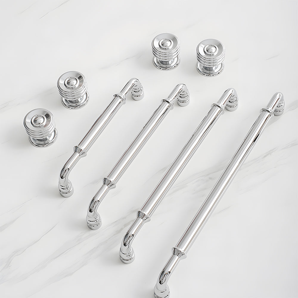 Classic Collared Bar Wardrobe Handles and Ringed Knobs