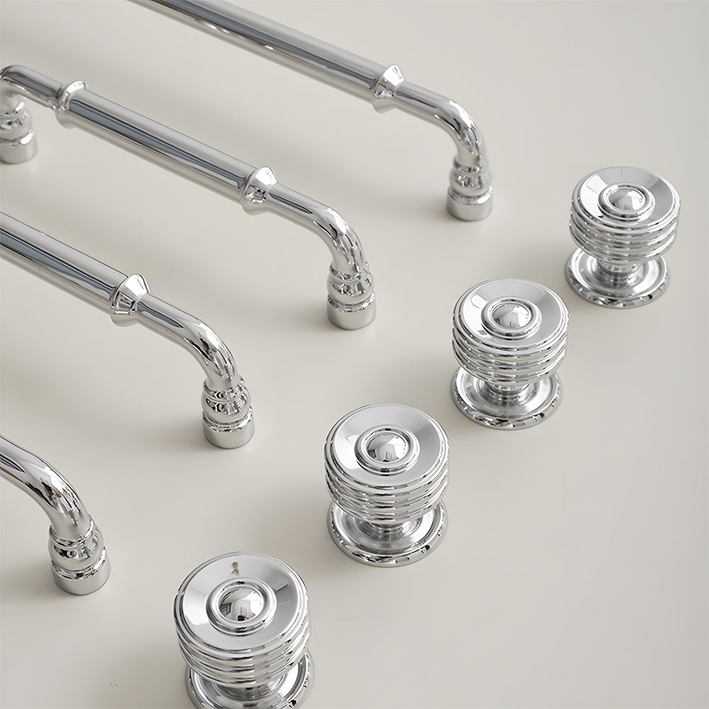 Classic Collared Bar Wardrobe Handles and Ringed Knobs