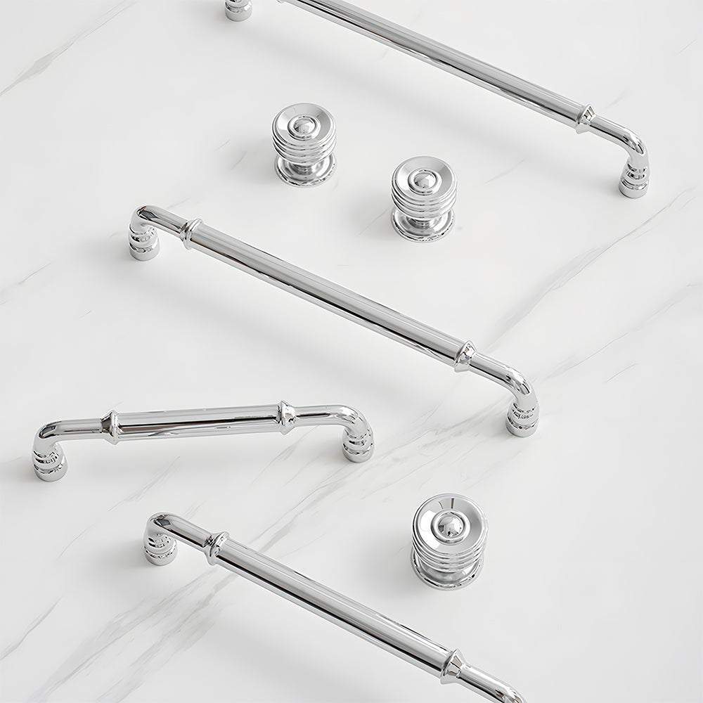 Classic Collared Bar Wardrobe Handles and Ringed Knobs