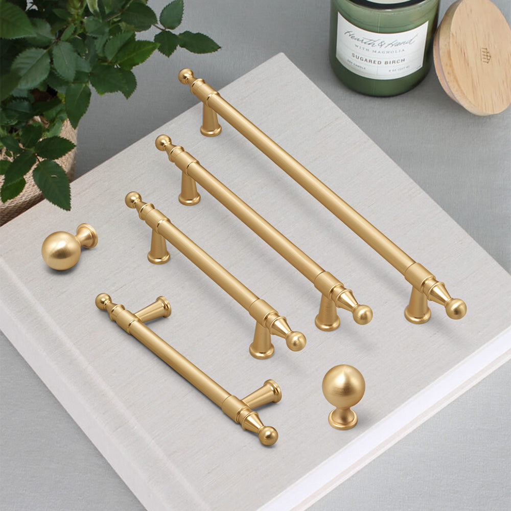 Classic Gold T-Bar Cupboard Handles with Ball Finials