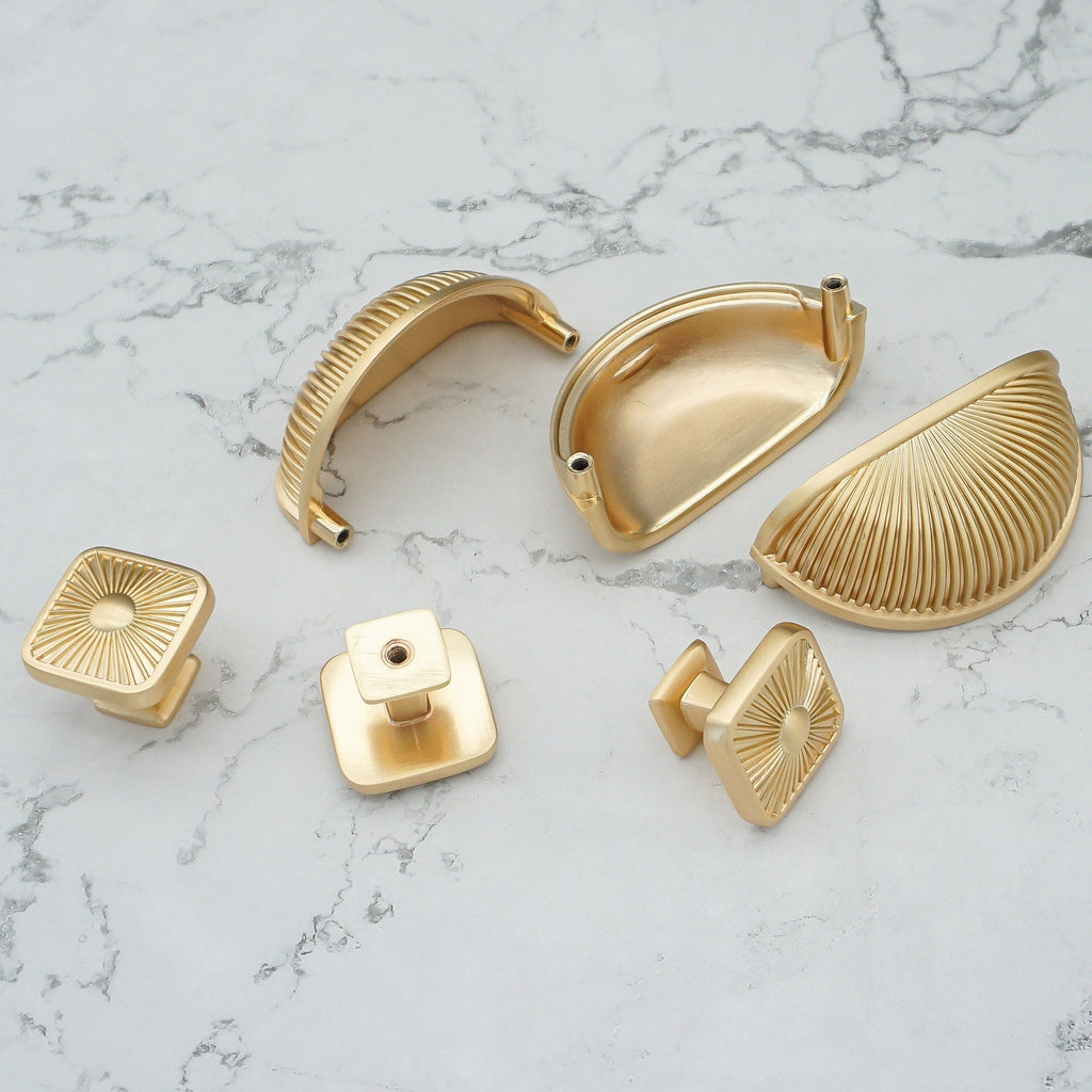 Classic Half-Moon Brass Cup Handles & Square Knobs