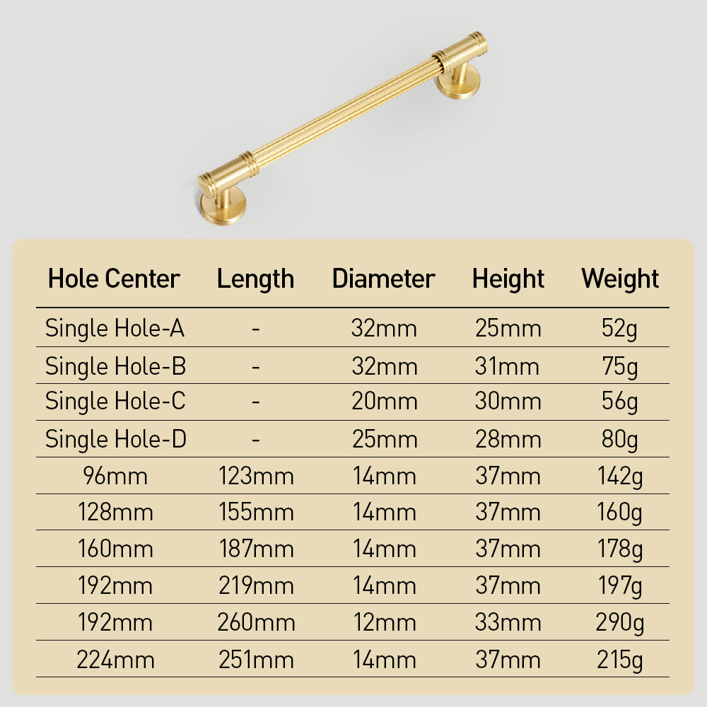 Classic Reeded Solid Brass T-Bar Cupboard Handles & Knobs