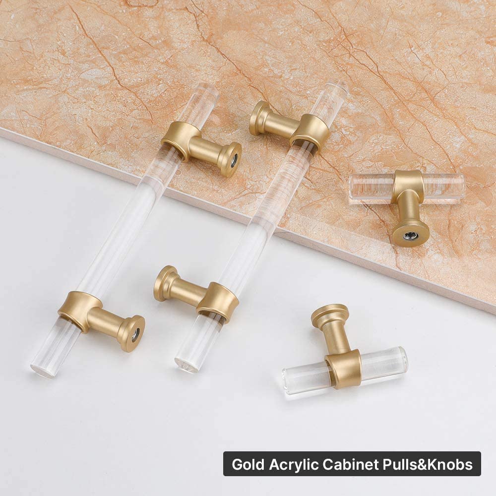Clear Acrylic and Gold Round T-Bar Drawer Handles & Knobs