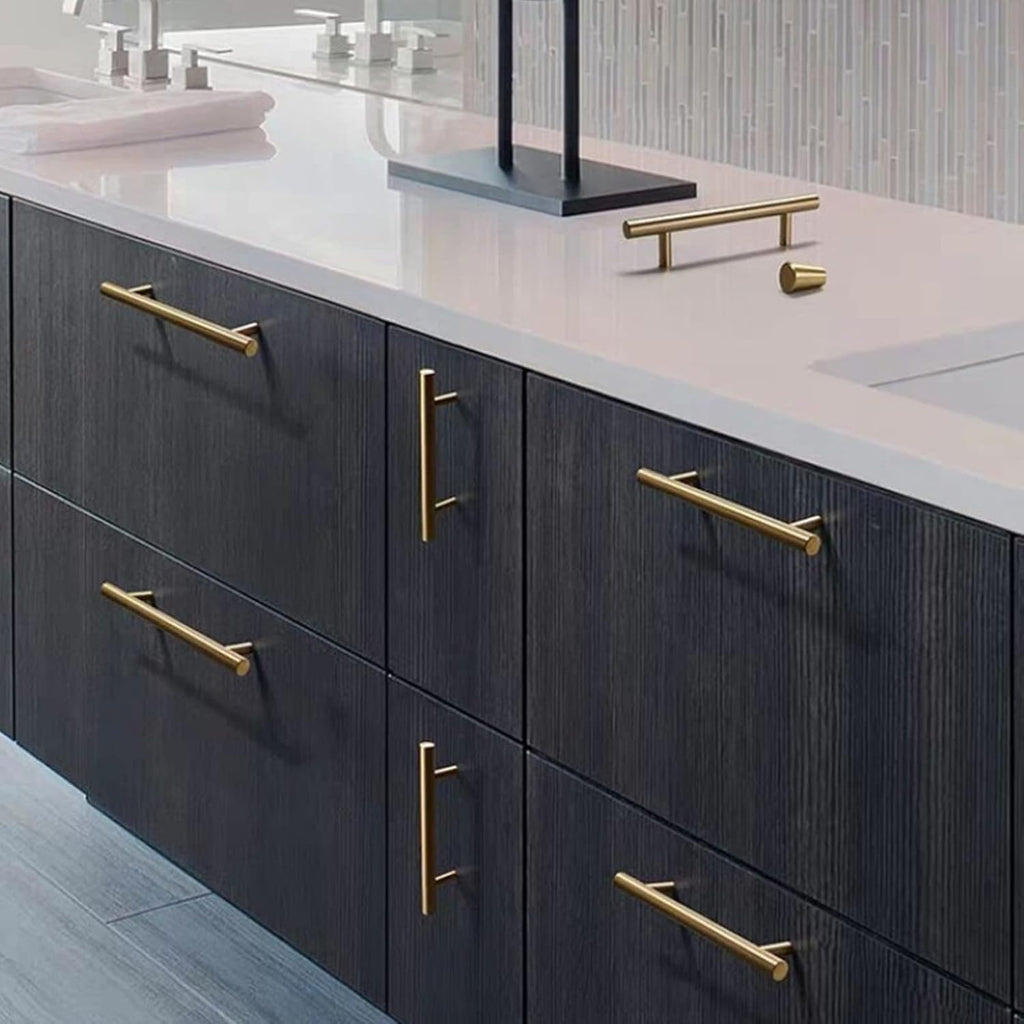 Contemporary Round T-Bar Kitchen Cupboard Handles in Brushed Brass Finish