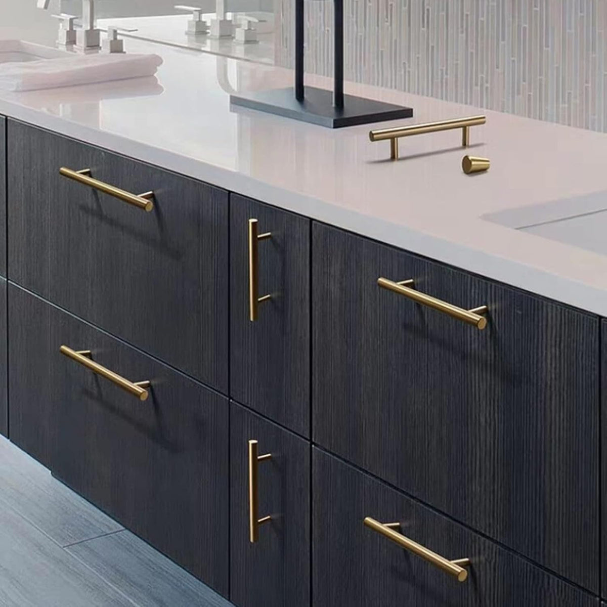 Contemporary Round T-Bar Kitchen Cupboard Handles in Brushed Brass Finish