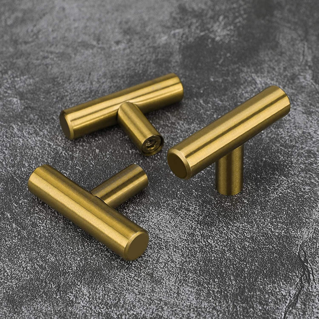 Contemporary Round T-Bar Kitchen Cupboard Handles in Brushed Brass Finish