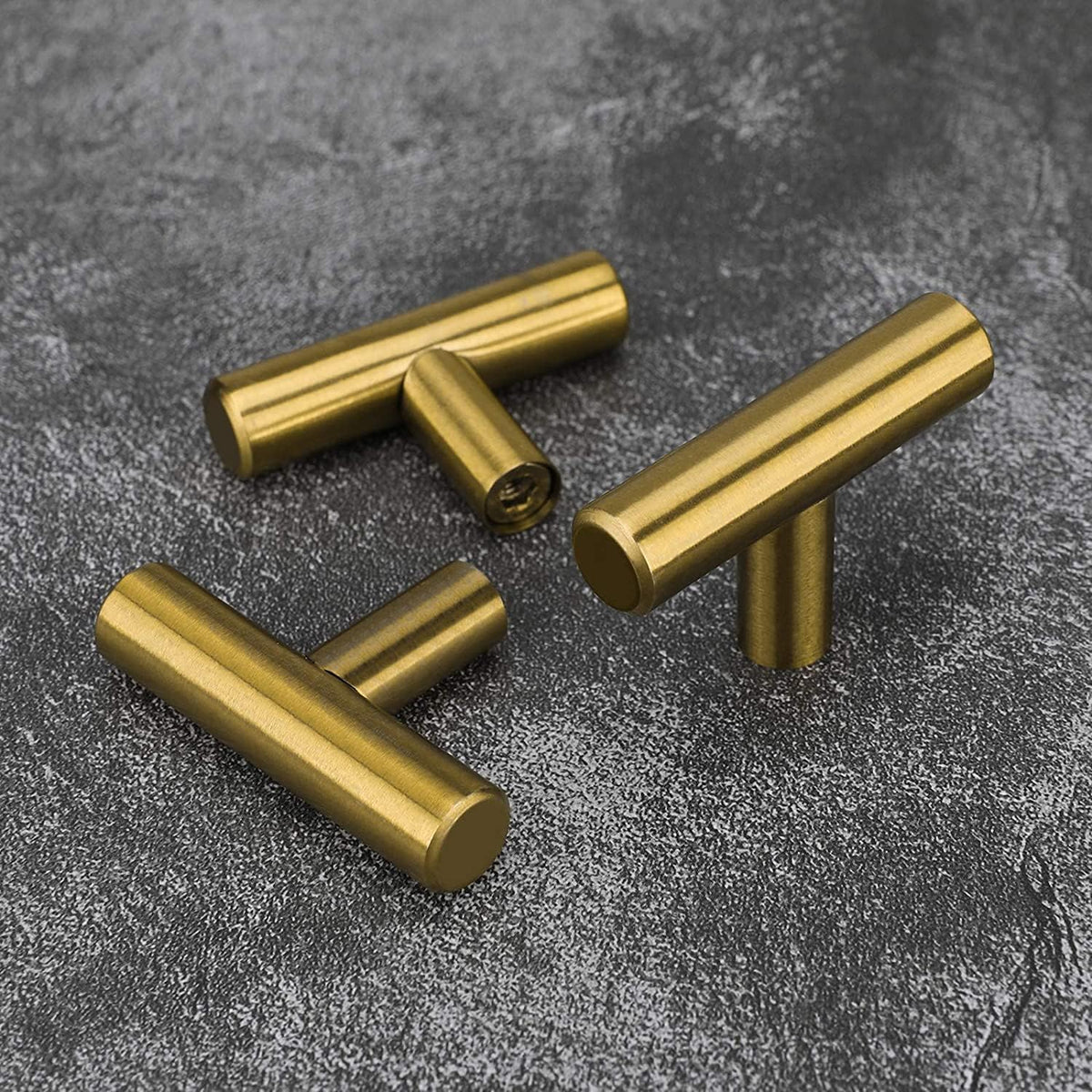 Contemporary Round T-Bar Kitchen Cupboard Handles in Brushed Brass Finish