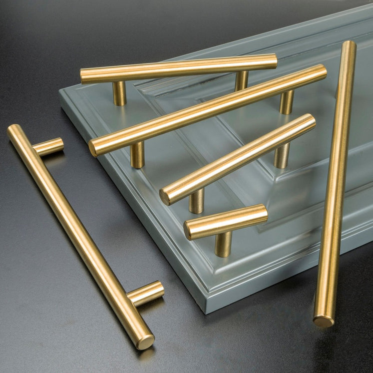 Contemporary Round T-Bar Kitchen Cupboard Handles in Brushed Brass Finish