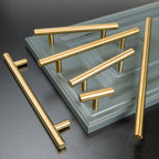 Contemporary Round T-Bar Kitchen Cupboard Handles in Brushed Brass Finish