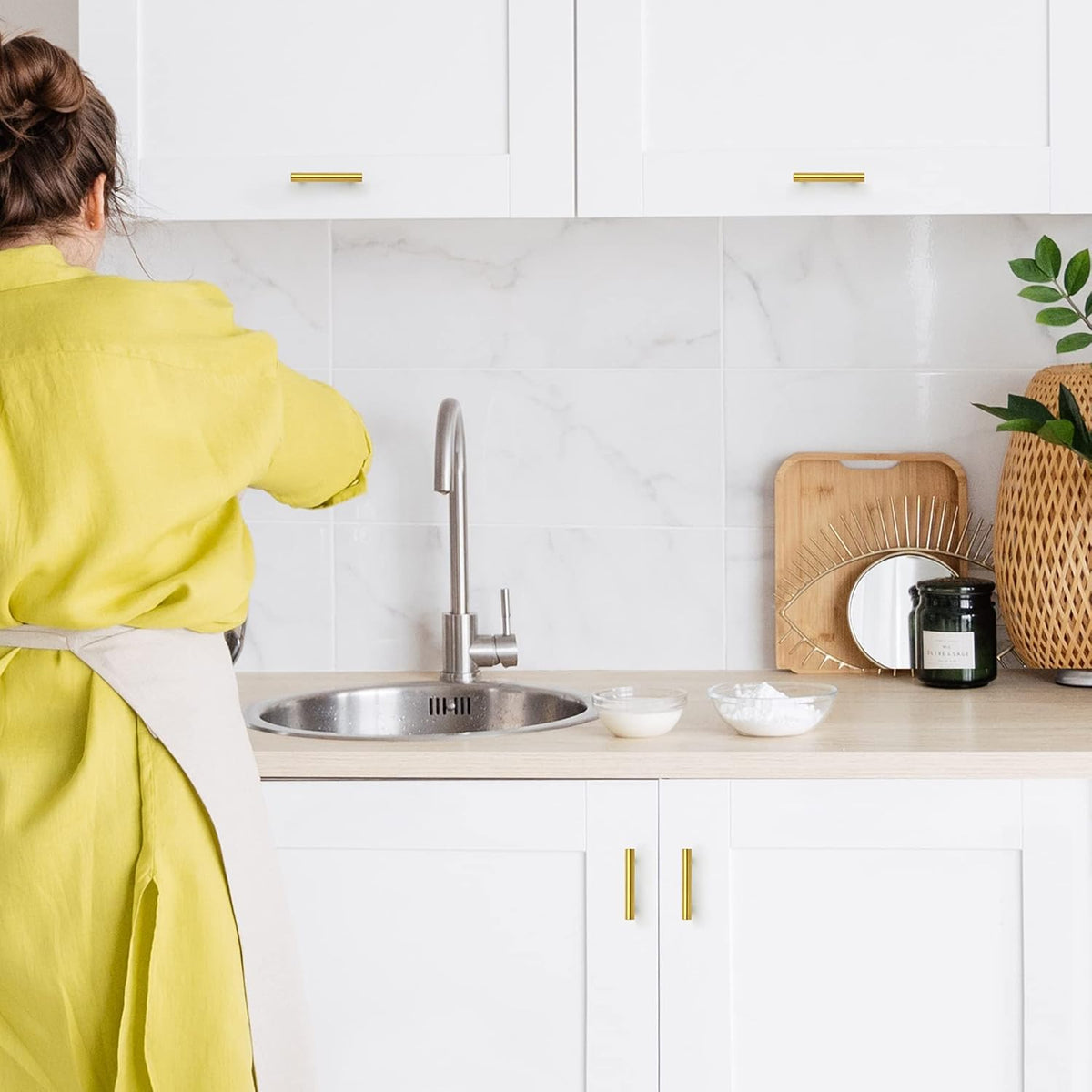Contemporary Round T-Bar Kitchen Cupboard Handles in Brushed Brass Finish