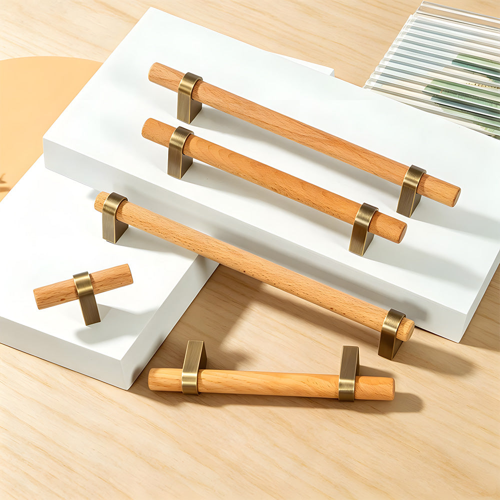 Mid-Century Wood and Brass T-Bar Cupboard Handles