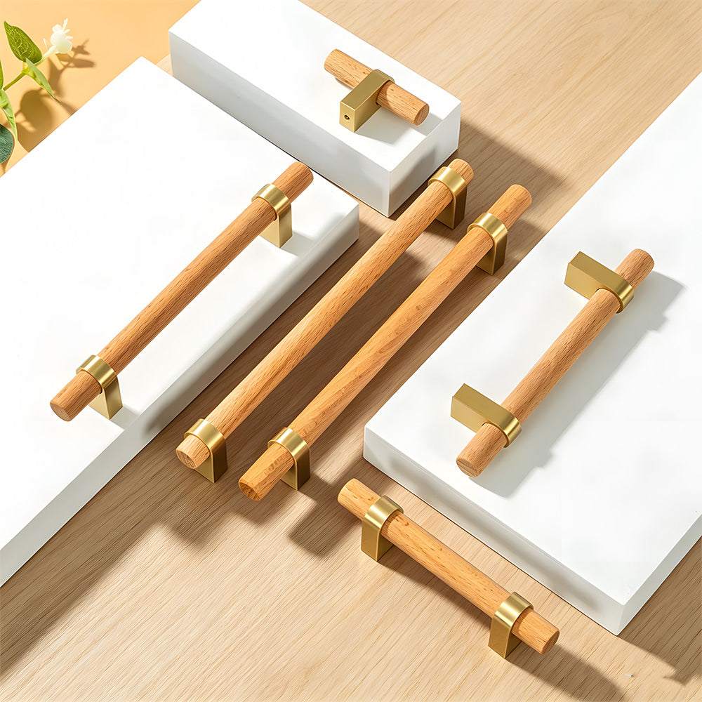 Mid-Century Wood and Brass T-Bar Cupboard Handles