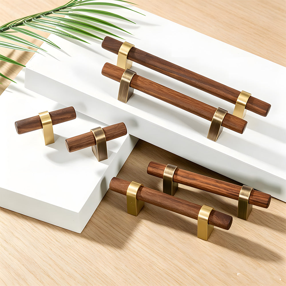 Mid-Century Wood and Brass T-Bar Cupboard Handles