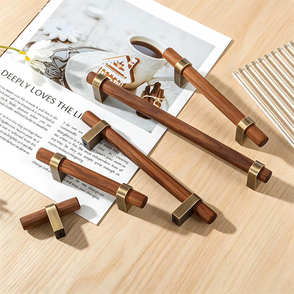 Mid-Century Wood and Brass T-Bar Cupboard Handles
