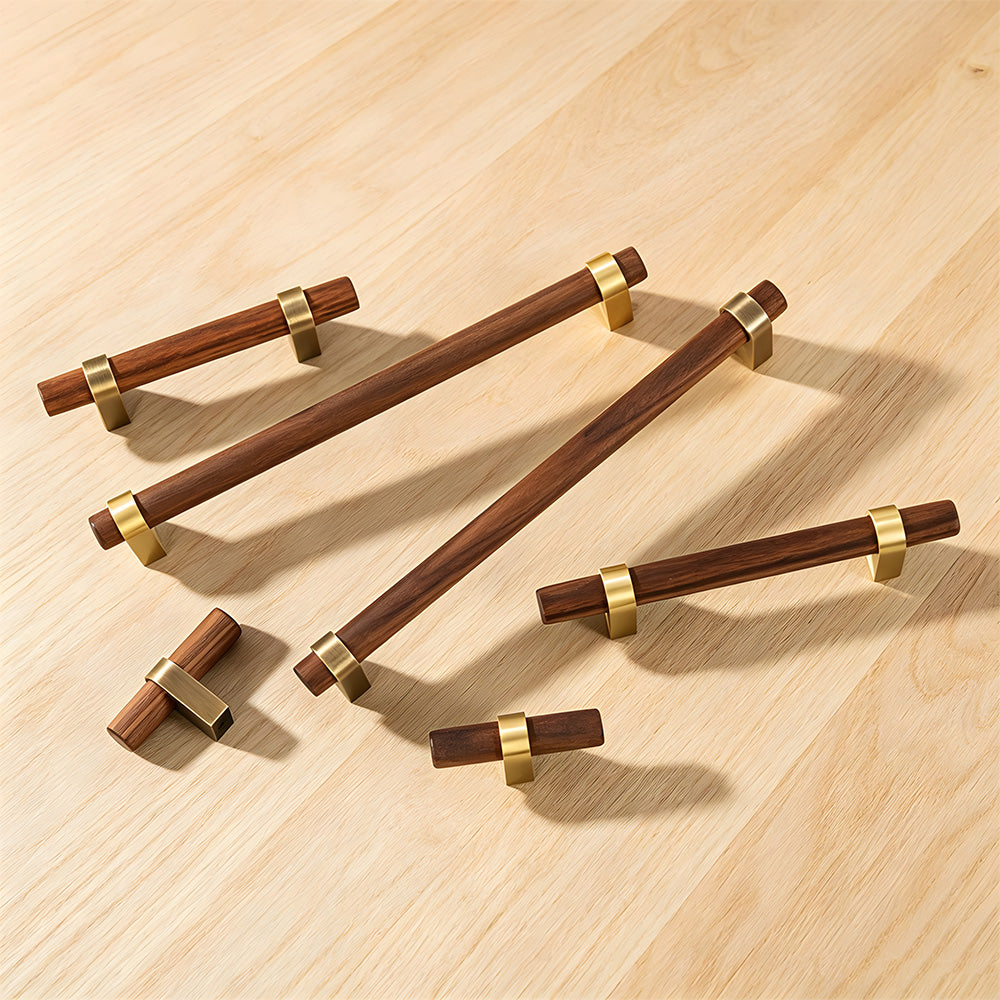 Mid-Century Wood and Brass T-Bar Cupboard Handles