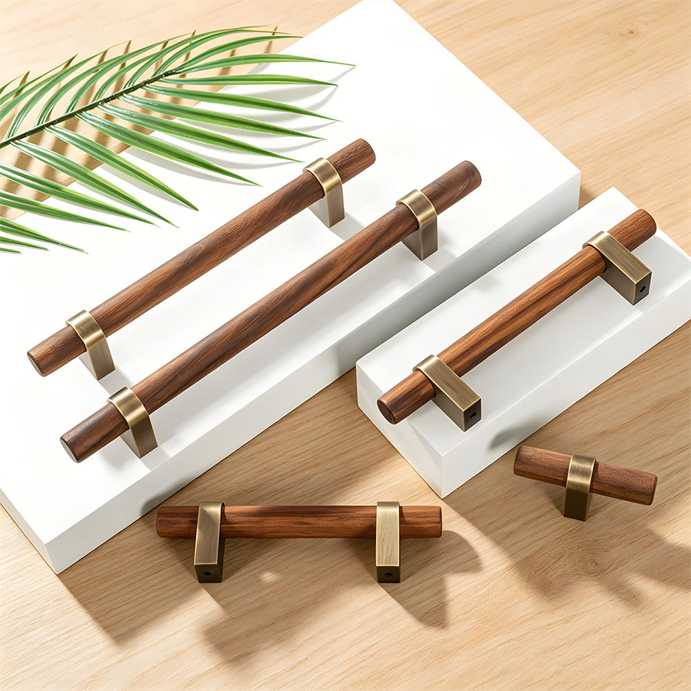 Mid-Century Wood and Brass T-Bar Cupboard Handles
