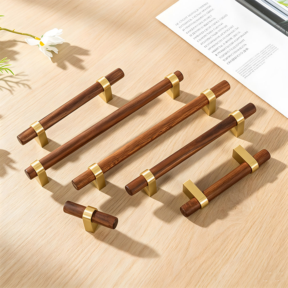 Mid-Century Wood and Brass T-Bar Cupboard Handles