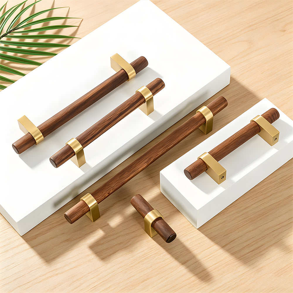 Mid-Century Wood and Brass T-Bar Cupboard Handles