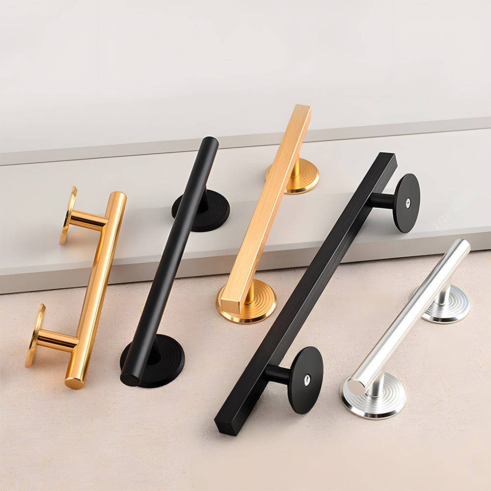 Modern Aluminium T-Bar Cupboard Handles with Ringed Round Bases