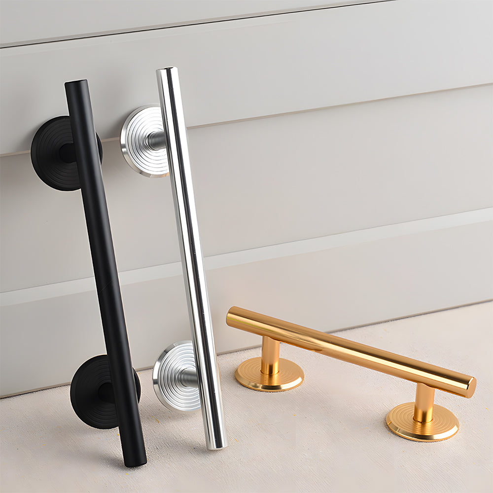 Modern Aluminium T-Bar Cupboard Handles with Ringed Round Bases