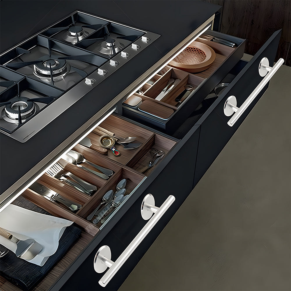 Modern Aluminium T-Bar Cupboard Handles with Ringed Round Bases