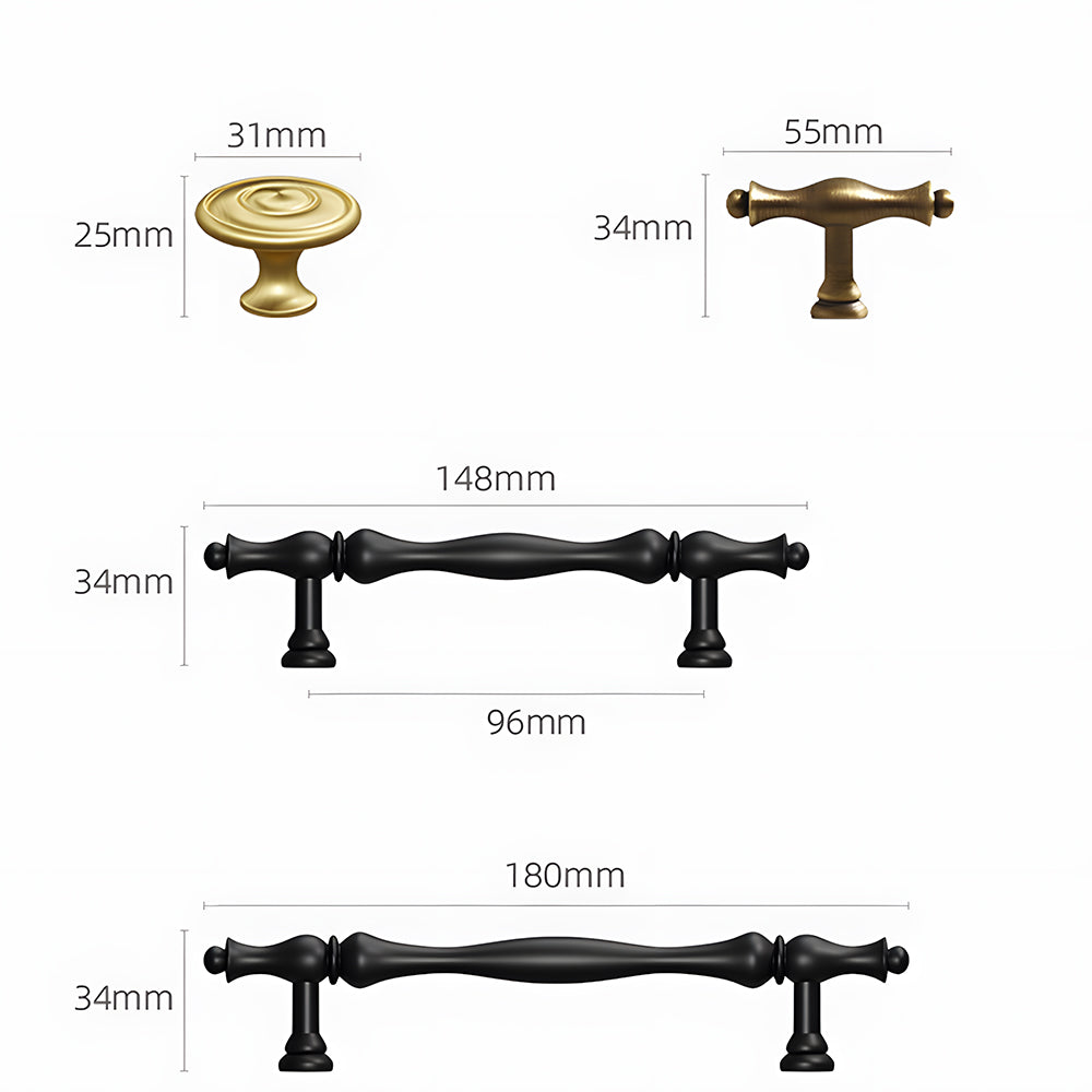 Modern Baluster T-Bar Cupboard Handles & Knobs in Solid Brass