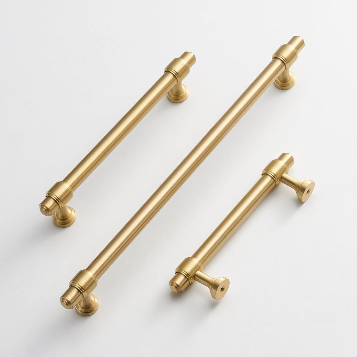 Modern Brass T-Bar Cupboard Handles & Knobs with Ringed Collars