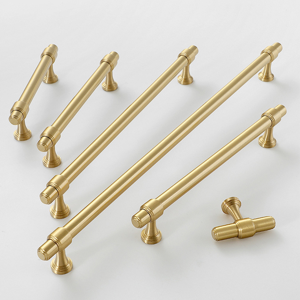 Modern Brass T-Bar Cupboard Handles & Knobs with Ringed Collars