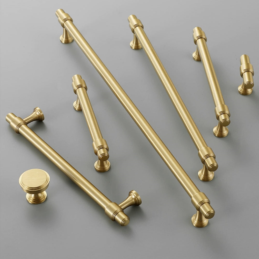 Modern Brass T-Bar Cupboard Handles & Knobs with Ringed Collars