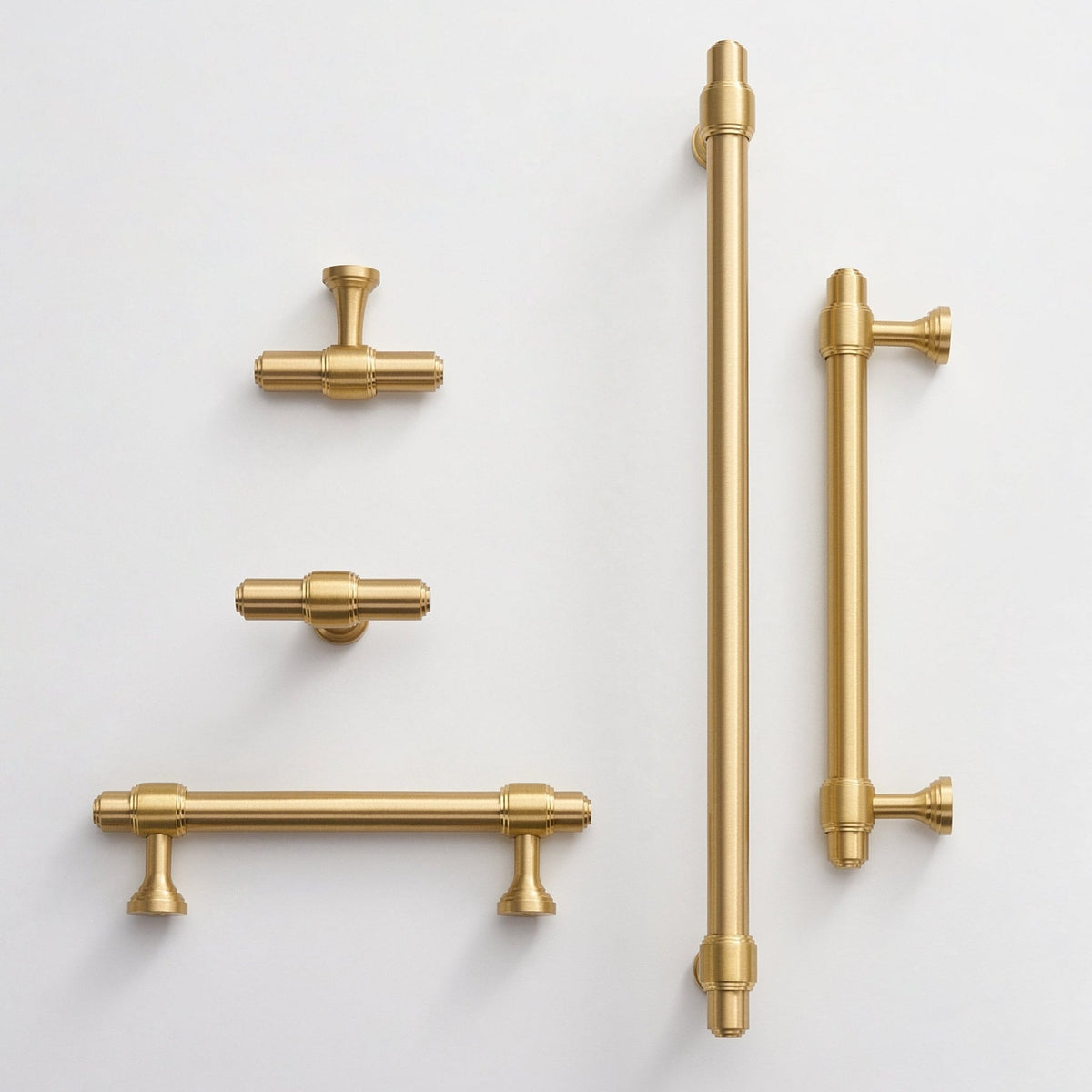 Modern Brass T-Bar Cupboard Handles & Knobs with Ringed Collars