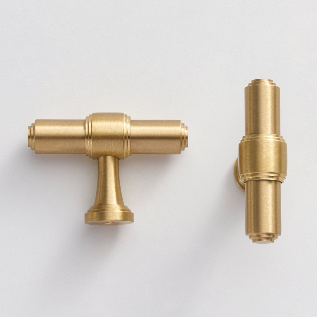Modern Brass T-Bar Cupboard Handles & Knobs with Ringed Collars