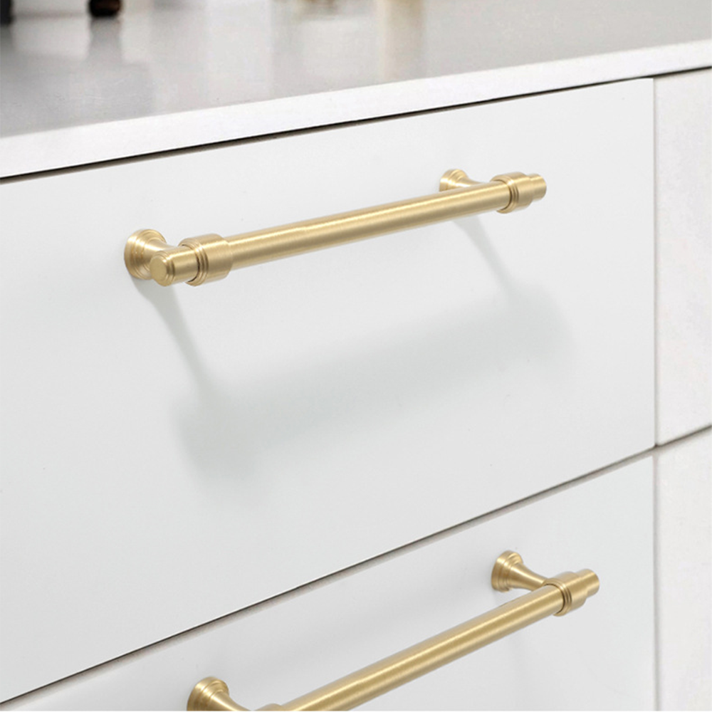 Modern Brass T-Bar Cupboard Handles & Knobs with Ringed Collars