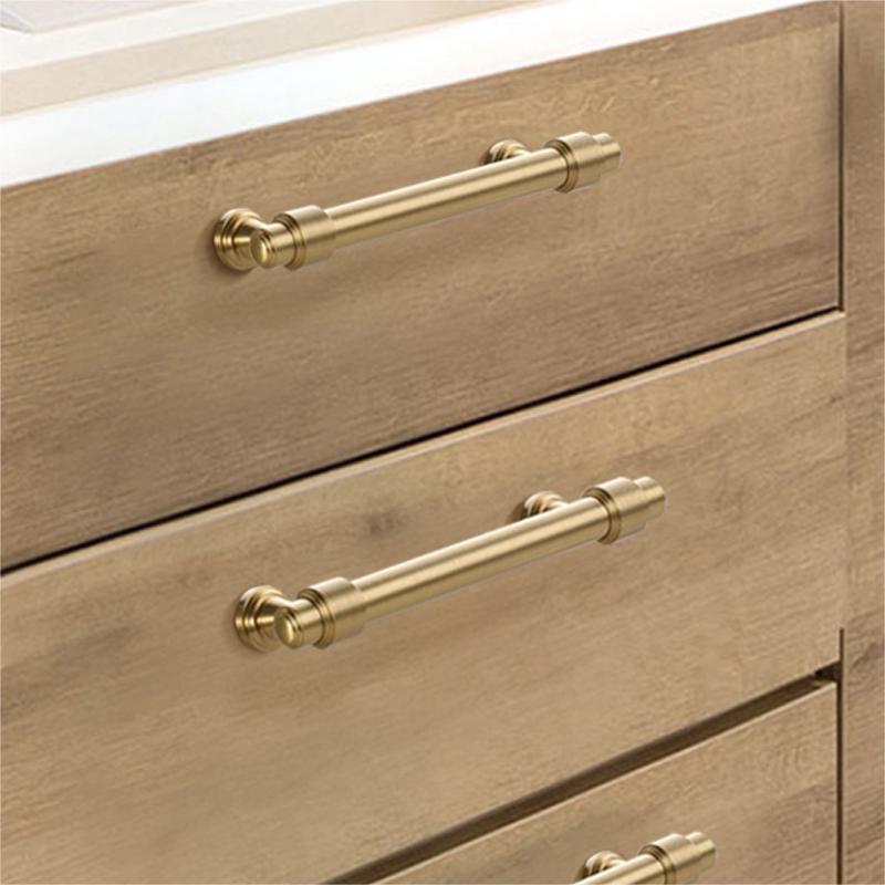 Modern Brass T-Bar Cupboard Handles & Knobs with Ringed Collars
