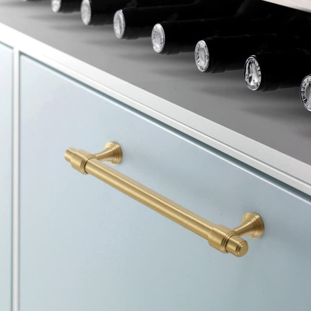 Modern Brass T-Bar Cupboard Handles & Knobs with Ringed Collars