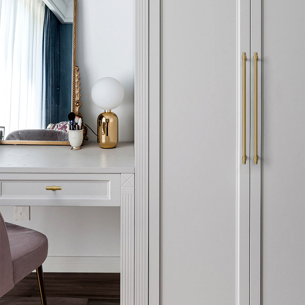 Modern Brass T-Bar Cupboard Handles & Knobs with Ringed Collars