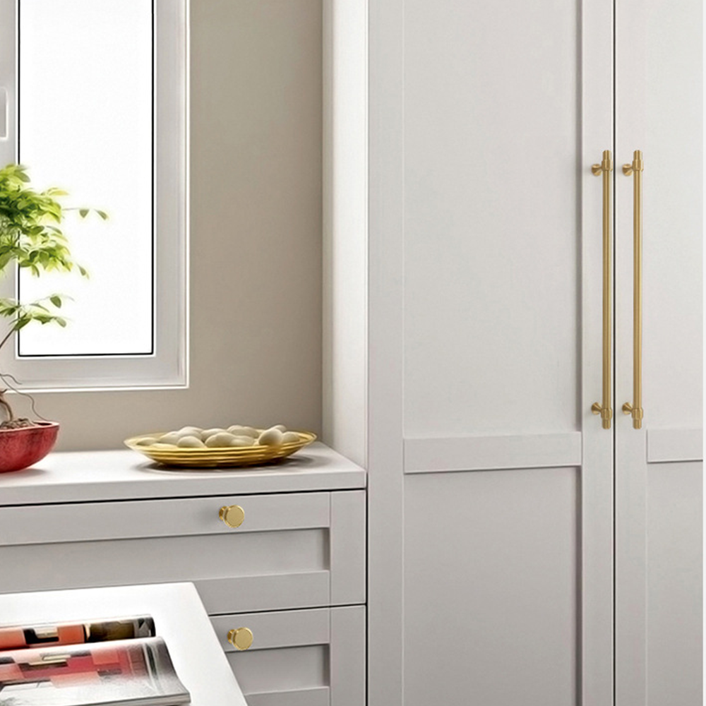 Modern Brass T-Bar Cupboard Handles & Knobs with Ringed Collars