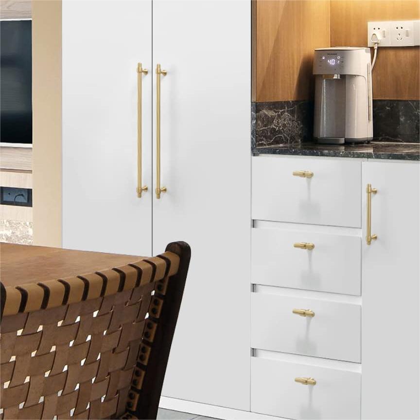 Modern Brass T-Bar Cupboard Handles & Knobs with Ringed Collars
