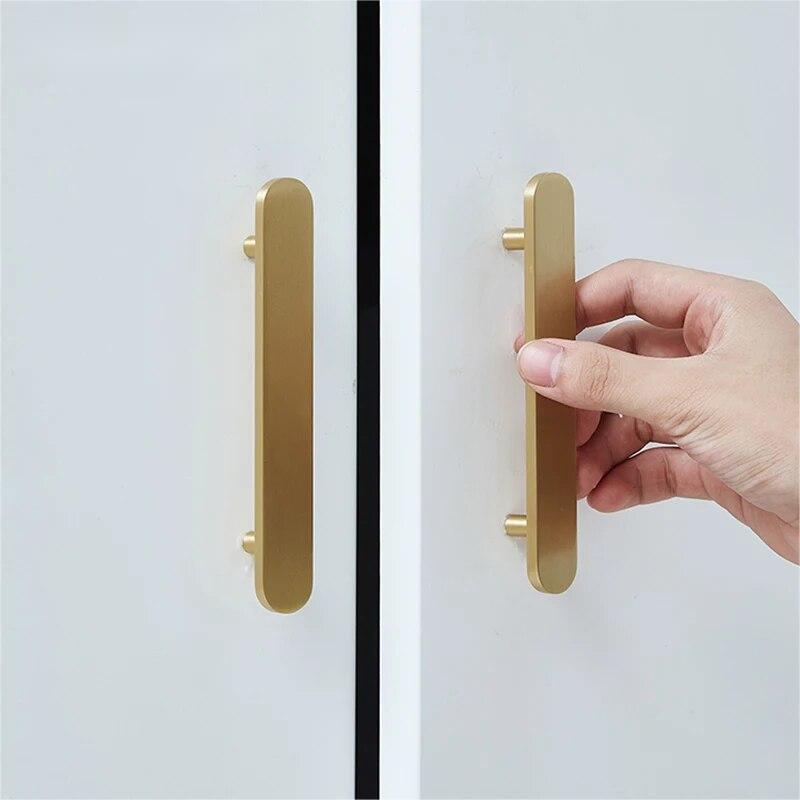 Modern Flat T-Bar Kitchen Cupboard Handles in Brushed Brass Finish