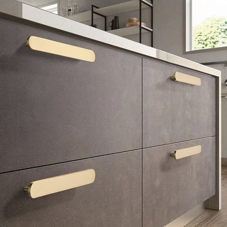 Modern Flat T-Bar Kitchen Cupboard Handles in Brushed Brass Finish
