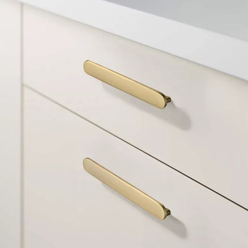 Modern Flat T-Bar Kitchen Cupboard Handles in Brushed Brass Finish