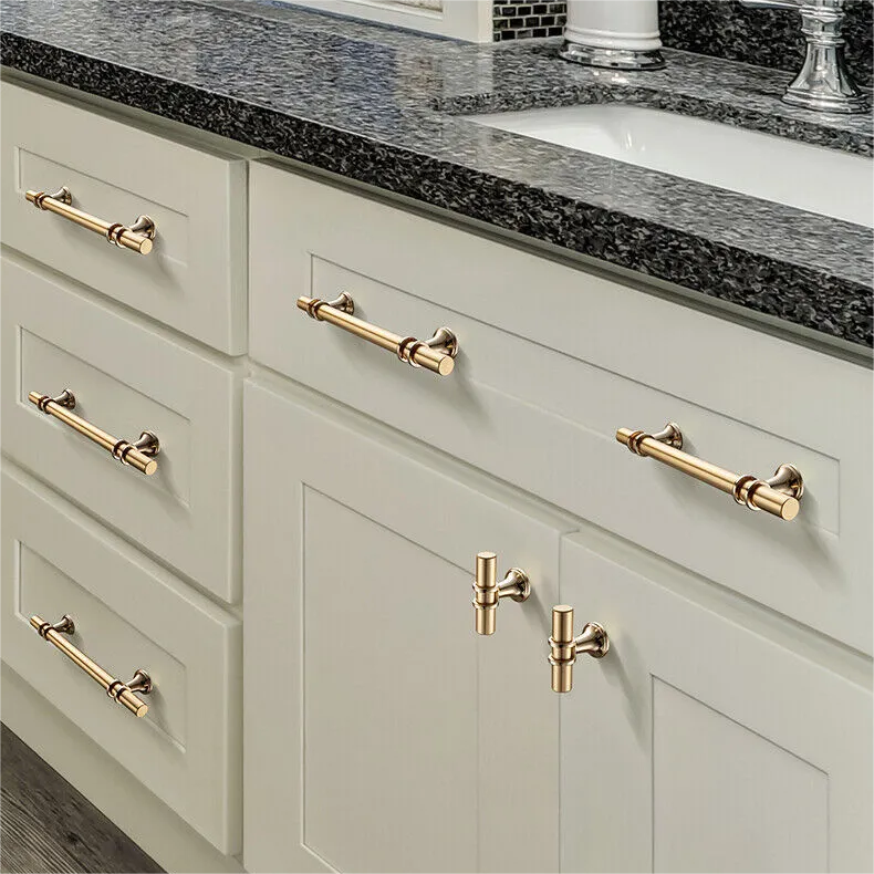 Modern Gold T-Bar Drawer Handles with Twin Rings
