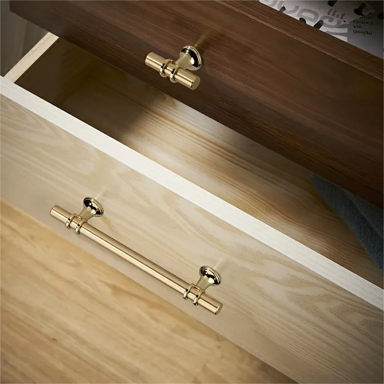 Modern Gold T-Bar Drawer Handles with Twin Rings