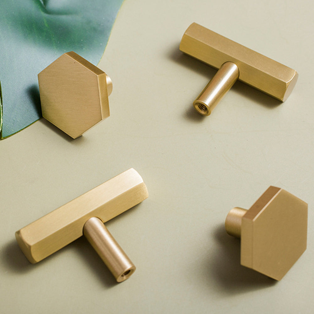 Modern Hexagon T-Bar Cupboard Handles in Brushed Gold