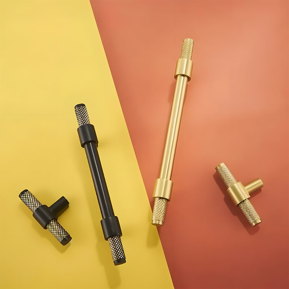 Modern Knurled Solid Brass T-Bar Cupboard Handles