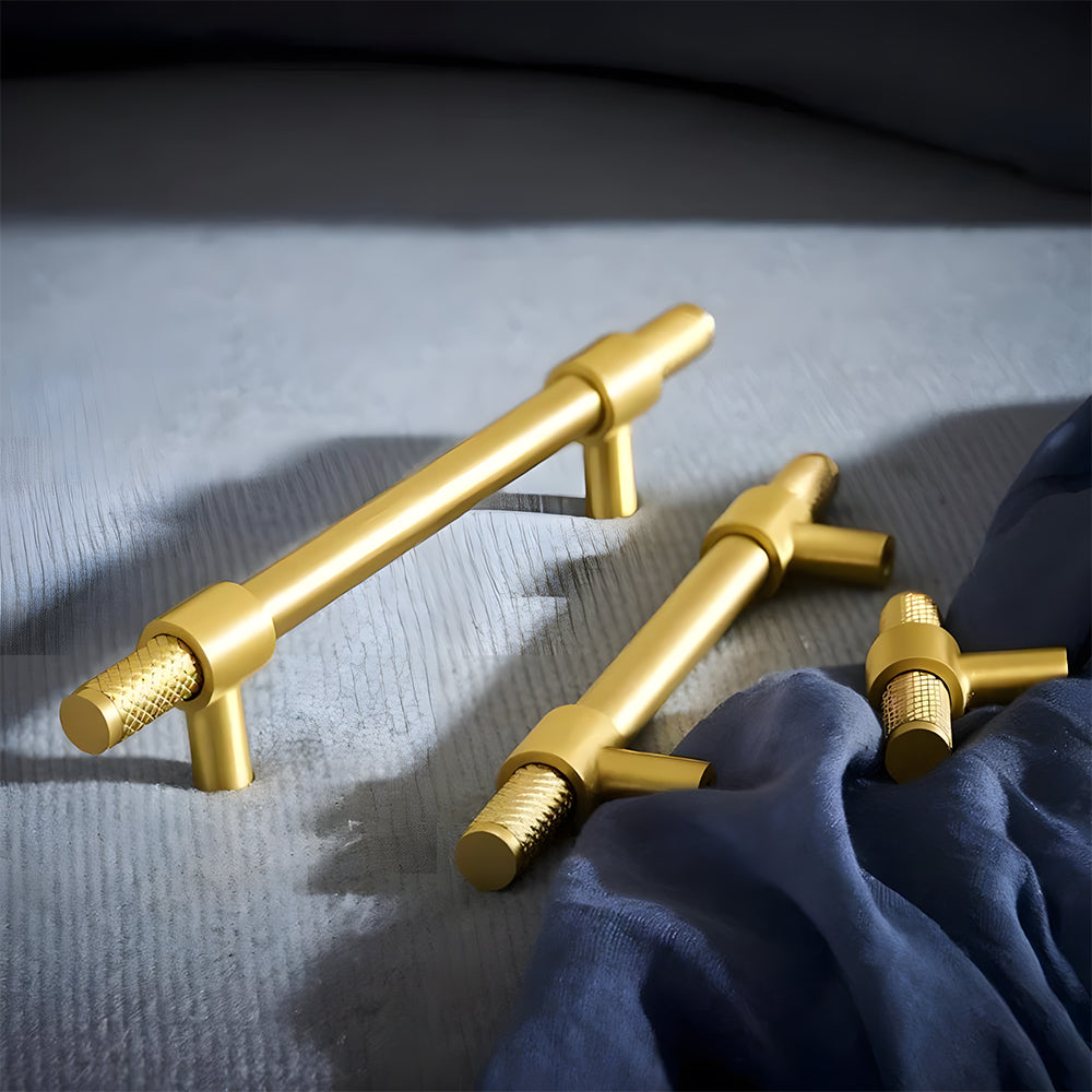 Modern Knurled Solid Brass T-Bar Cupboard Handles