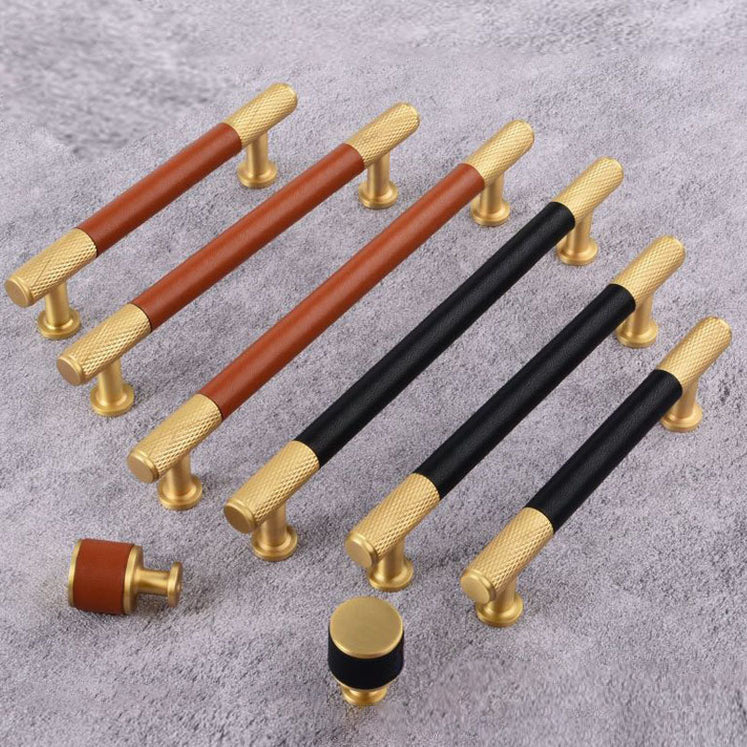 Modern Leather and Brass T-Bar Drawer Handles and Knobs