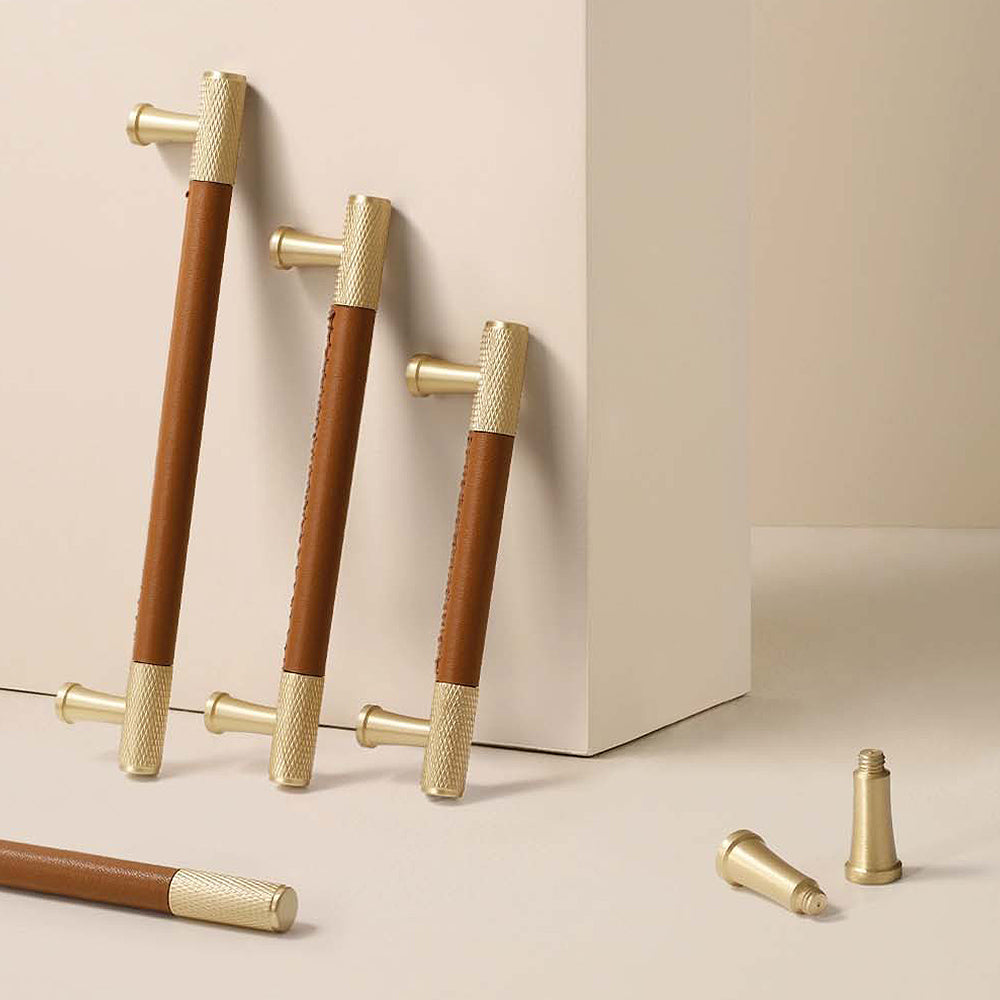 Modern Leather and Brass T-Bar Drawer Handles and Knobs