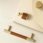 Modern Leather and Brass T-Bar Drawer Handles and Knobs