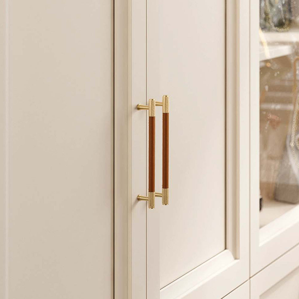 Modern Leather and Brass T-Bar Drawer Handles and Knobs